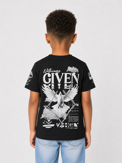 Black Highly Undrtd Kids Nothing Given T-Shirt for kids, featuring a casual fit and bold graphic design.