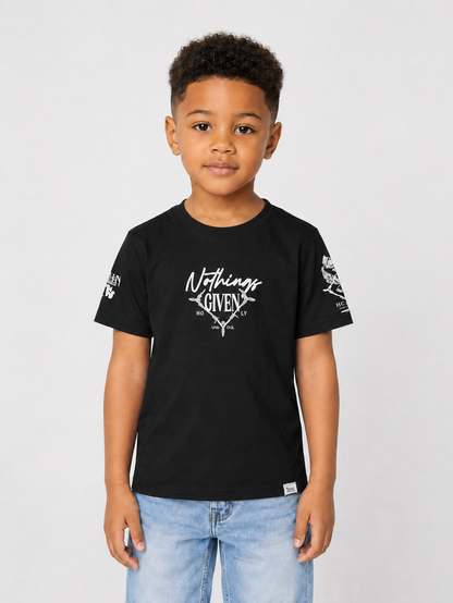 Black Kids T-shirt from Highly Undrtd Kids with "Nothing Given" print, casual fit, short sleeves, and crew neckline.