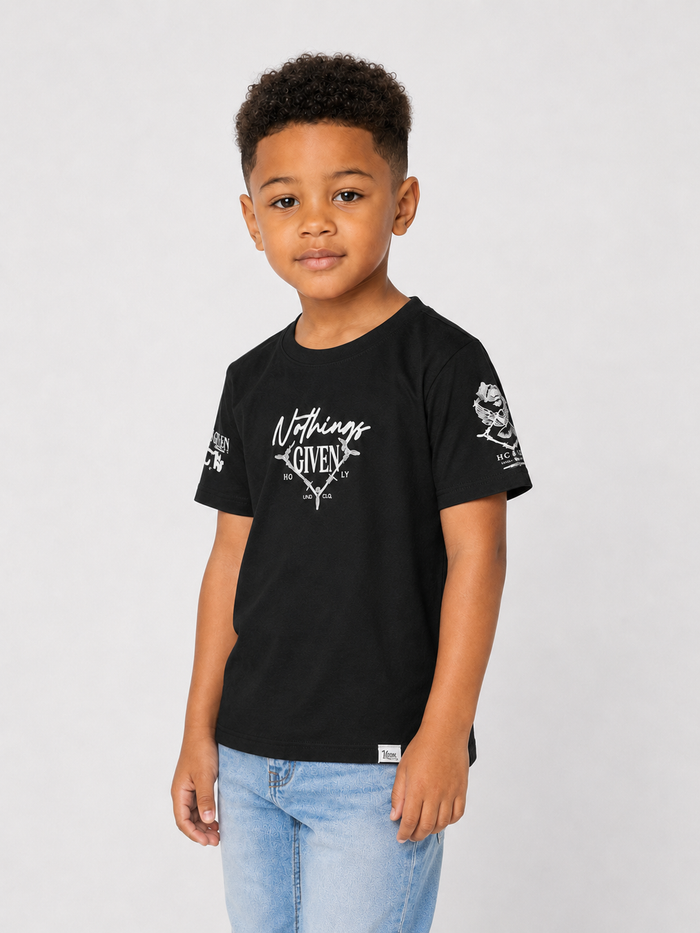 Black kids' T-shirt from Highly Undrtd Kids with "Nothing Given" graphic, casual fit, and comfortable cotton fabric.
