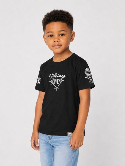 Black kids' T-shirt from Highly Undrtd Kids with "Nothing Given" graphic, casual fit, and comfortable cotton fabric.