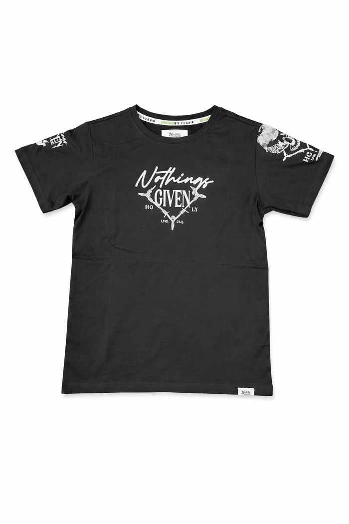Black Highly Undrtd Kids Nothing Given T-Shirt for children, featuring a casual crew neck and short sleeves.
