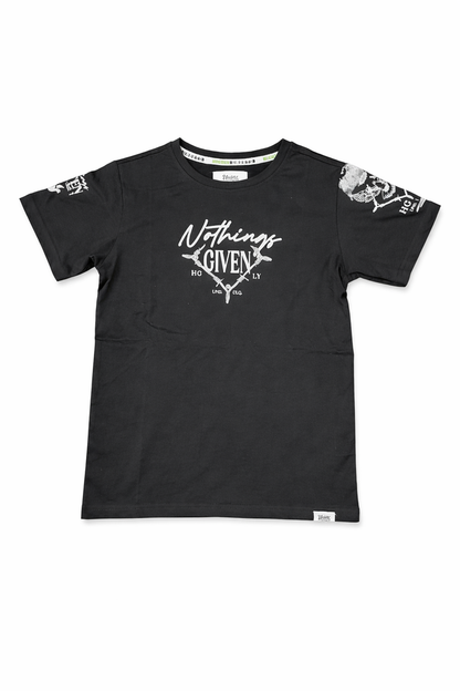 Black Highly Undrtd Kids Nothing Given T-Shirt for children, featuring a casual crew neck and short sleeves.