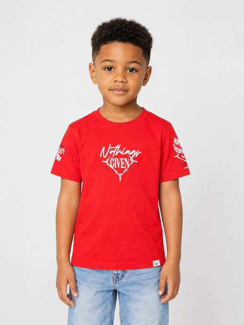 Red Kids T-shirt from Highly Undrtd Kids with "Nothing Given" graphic, featuring a comfortable fit and casual style.