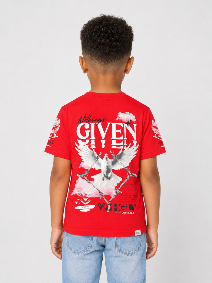 Red Kids T-shirt from Highly Undrtd Kids with "Nothing Given" slogan, casual cotton tee for children.