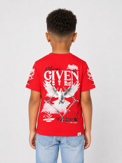Red Kids T-shirt from Highly Undrtd Kids with "Nothing Given" slogan, casual cotton tee for children.