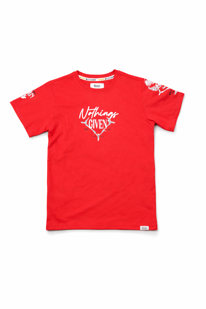 Red Highly Undrtd Kids Nothing Given T-Shirt for kids, featuring a graphic design on the front, made of soft cotton fabric.