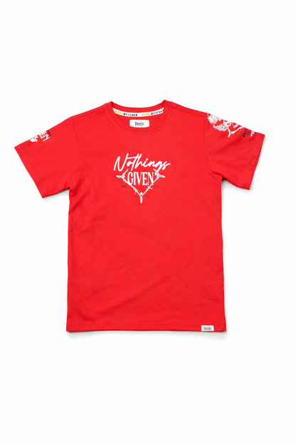 Red Highly Undrtd Kids Nothing Given T-Shirt for kids, featuring a graphic design on the front, made of soft cotton fabric.