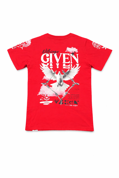 Red Highly Undrtd Kids Nothing Given T-Shirt for kids, showing front view with bold black text design and short sleeves.