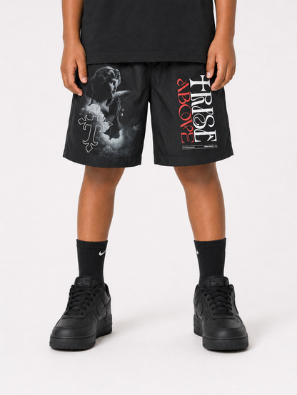 Kids' black and silver shorts from Highly Undrtd Kids' Rise Above collection, stylish and comfortable for active wear.