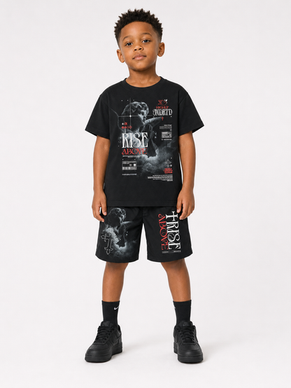 Black and silver Kids shorts from Highly Undrtd Kids' Rise Above collection, featuring a comfortable fit and stylish design.