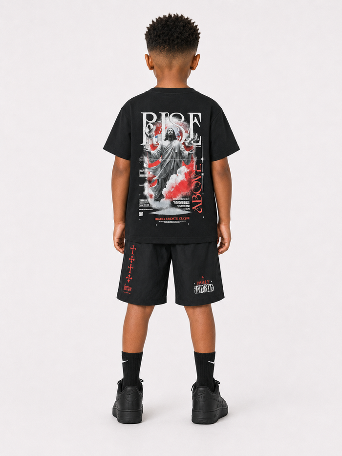 Kids' black and silver Rise Above shorts by Highly Undrtd Kids, made of durable fabric with stylish design and comfortable fit.