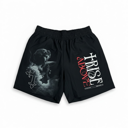 Black and silver Highly Undrtd Kids 'Rise Above' shorts for kids, featuring a comfortable fit and stylish design.