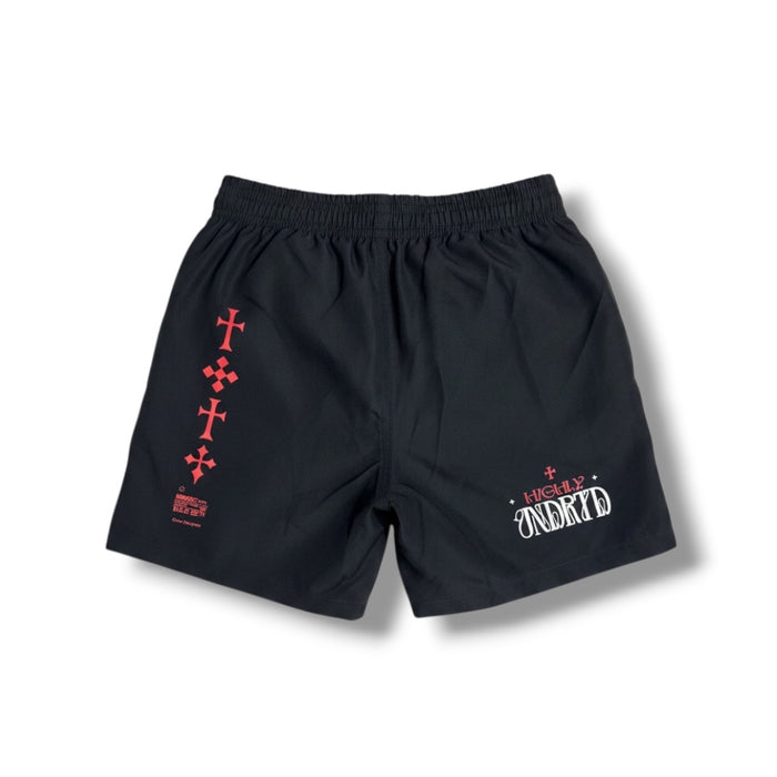 Black and silver Highly Undrtd Kids 'Rise Above' shorts for kids, showing the stylish design and comfortable fit.
