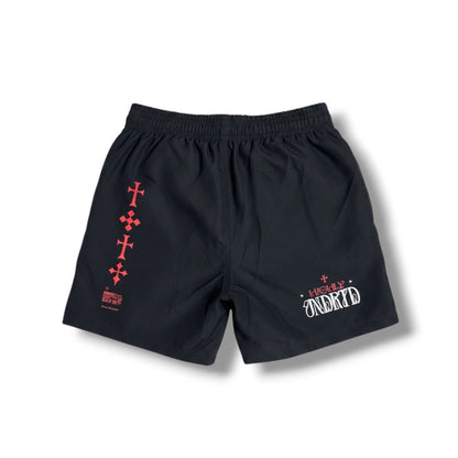 Black and silver Highly Undrtd Kids 'Rise Above' shorts for kids, showing the stylish design and comfortable fit.