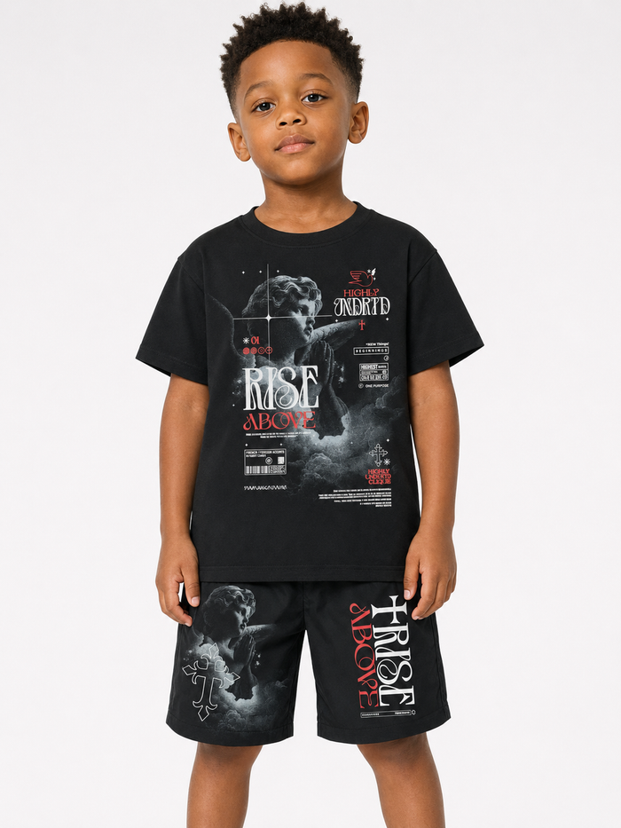 Black and silver Highly Undrtd Kids 'Rise Above' T-Shirt for kids, featuring a bold graphic design.
