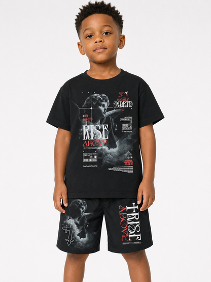 Black and silver Highly Undrtd Kids 'Rise Above' T-Shirt for kids, featuring a bold graphic design.