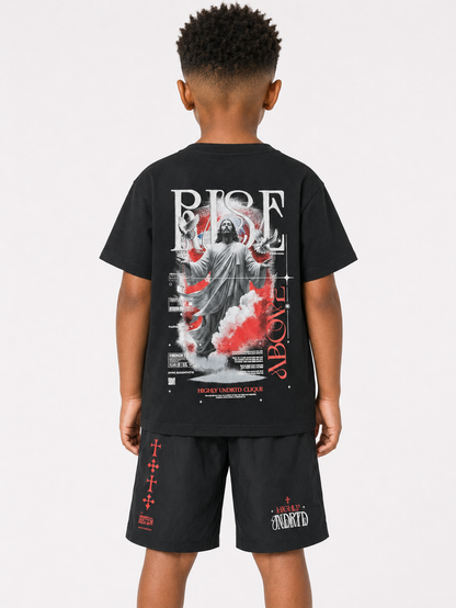 Black and silver kids' T-shirt from Highly Undrtd Kids with "Rise Above" graphic design, short sleeve and comfortable fit.