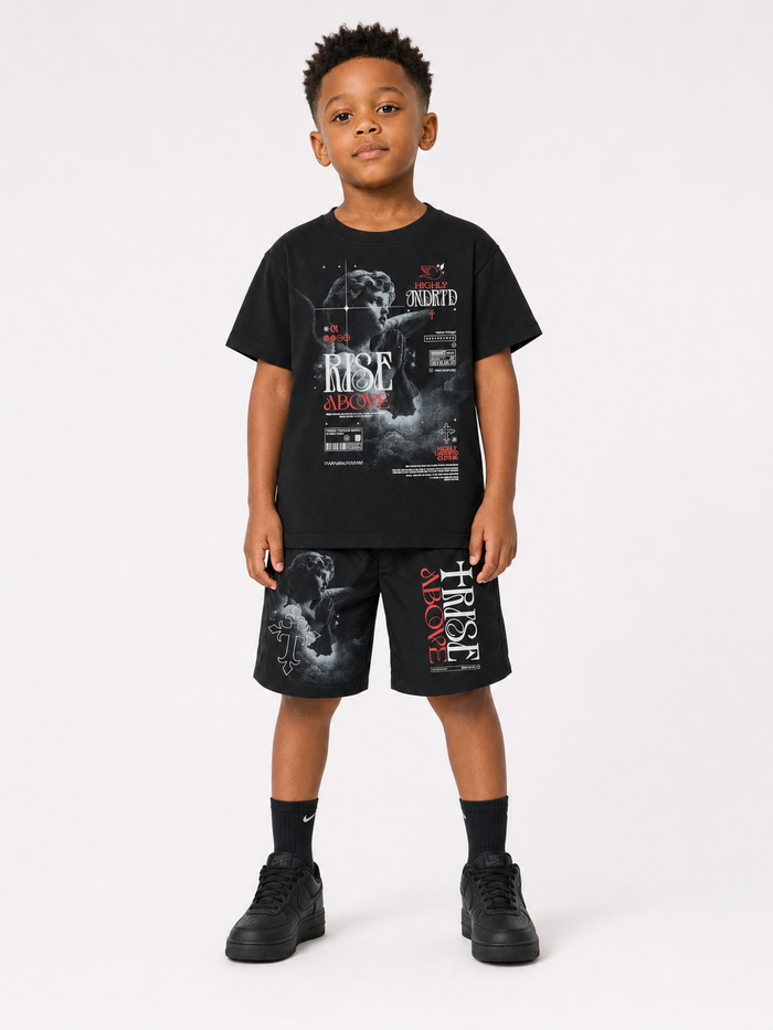 Black and silver Kids' T-shirt by Highly Undrtd Kids with "Rise Above" graphic, casual fit, and soft cotton fabric.