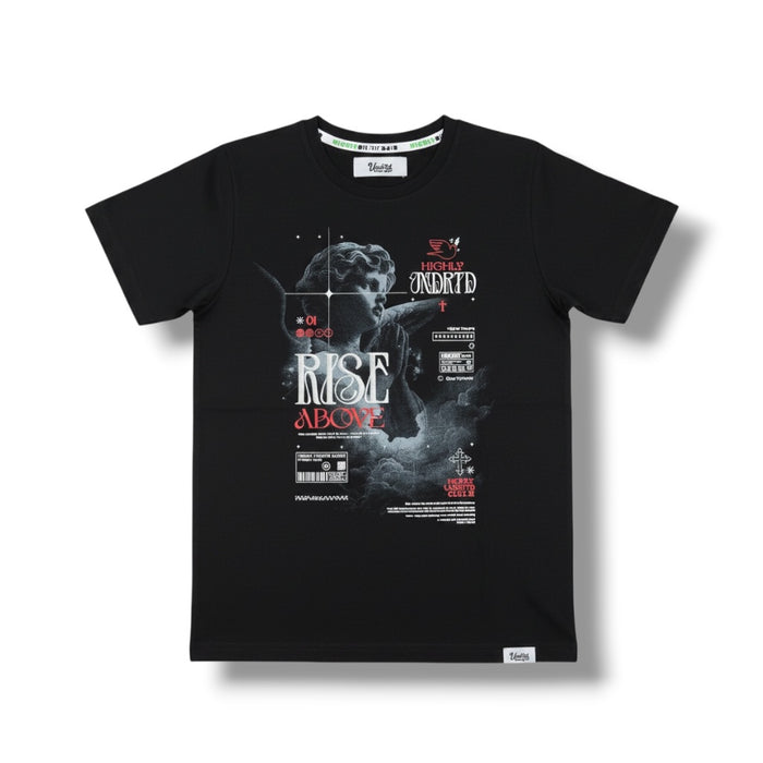 Black and silver Highly Undrtd Kids 'Rise Above' T-shirt, kids' casual tee with graphic design and comfortable fit.