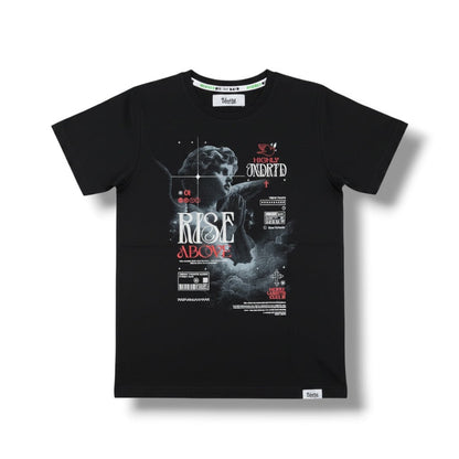 Black and silver Highly Undrtd Kids 'Rise Above' T-shirt, kids' casual tee with graphic design and comfortable fit.