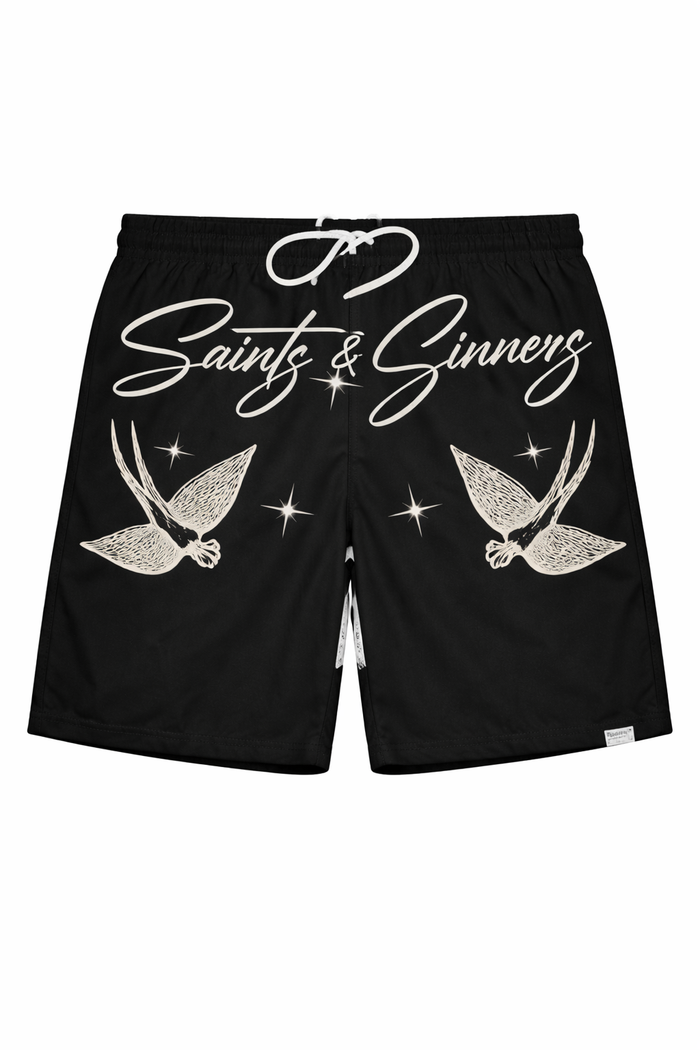 Black Highly Undrtd Saints & Sinners shorts, casual men's shorts with a relaxed fit and stylish design.