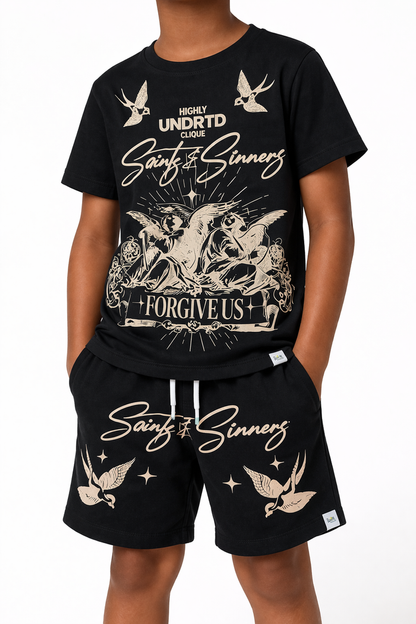 Black kids' Saints & Sinner T-shirt by Highly Undrtd Kids, featuring graphic design, casual fit, and soft cotton fabric.