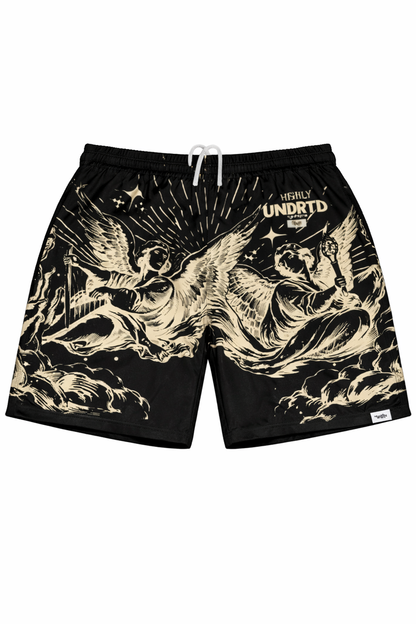 Black Saints & Sinners shorts by HIGHLY UNDRTD, casual men's shorts with a sleek design and comfortable fit.