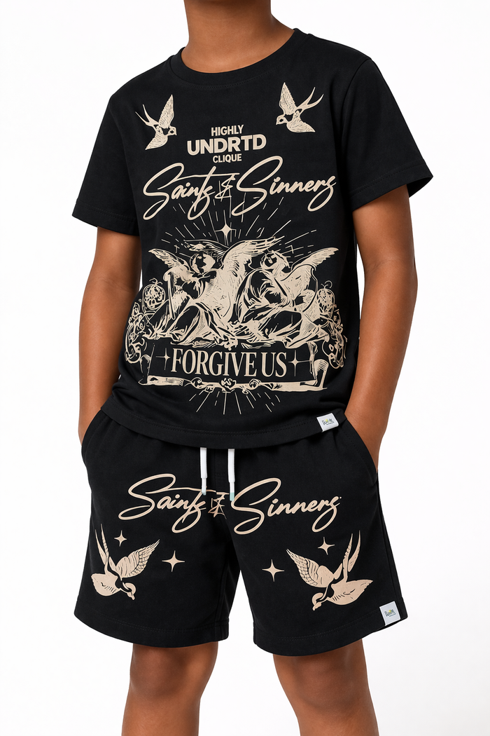 Black kids' Saints & Sinner T-shirt by Highly Undrtd Kids, featuring graphic design, casual fit, and soft cotton fabric.