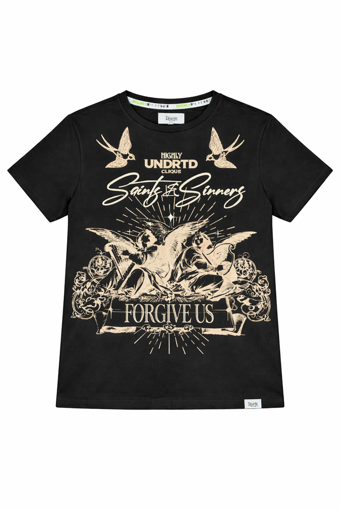 Black Highly Undrtd Kids Saints & Sinner T-Shirt with graphic design, youth cotton tee for kids' casual wear.