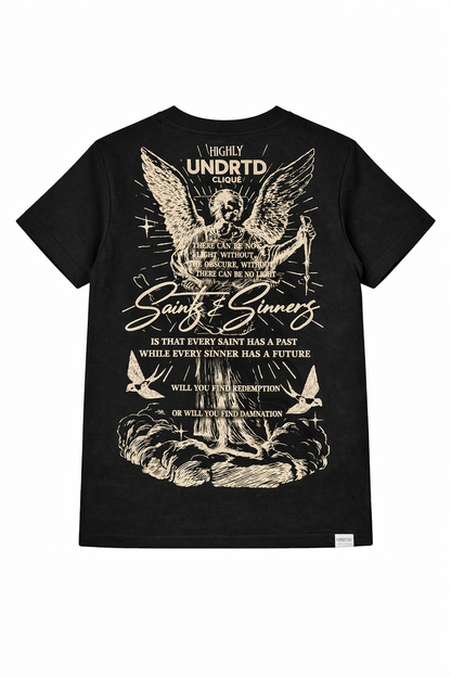 Black Kids Saints & Sinner T-Shirt by Highly Undrtd Kids, featuring a graphic design on the front, perfect for kids' casual wear.
