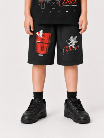 Black and red Highly Undrtd Kids 'The Almighty' shorts for kids, featuring a comfortable fit and stylish design.