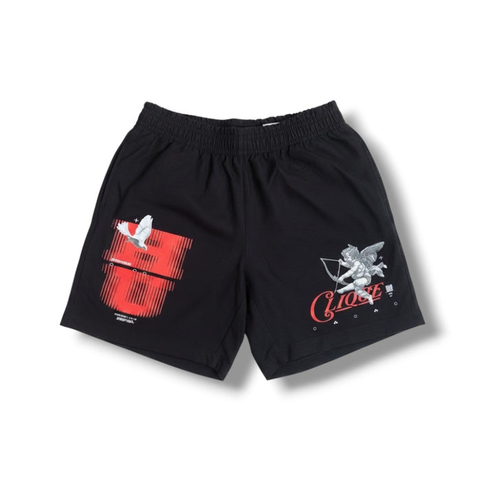 Black and red Highly Undrtd Kids 'The Almighty' shorts for kids, featuring a stylish design and comfortable fit.