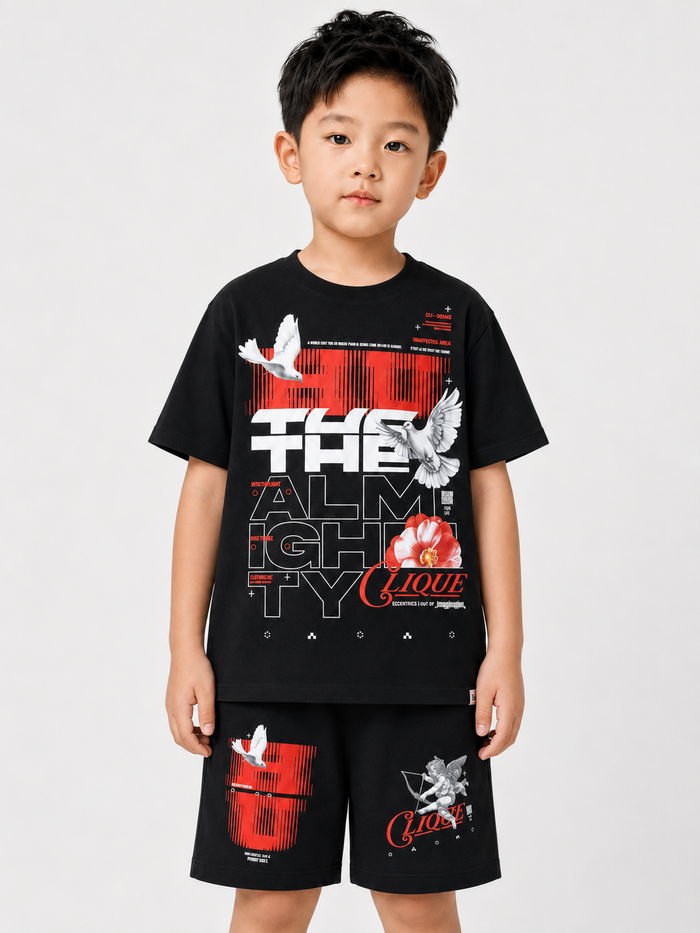Kids' black and red T-shirt from Highly Undrtd Kids featuring "The Almighty" graphic design.