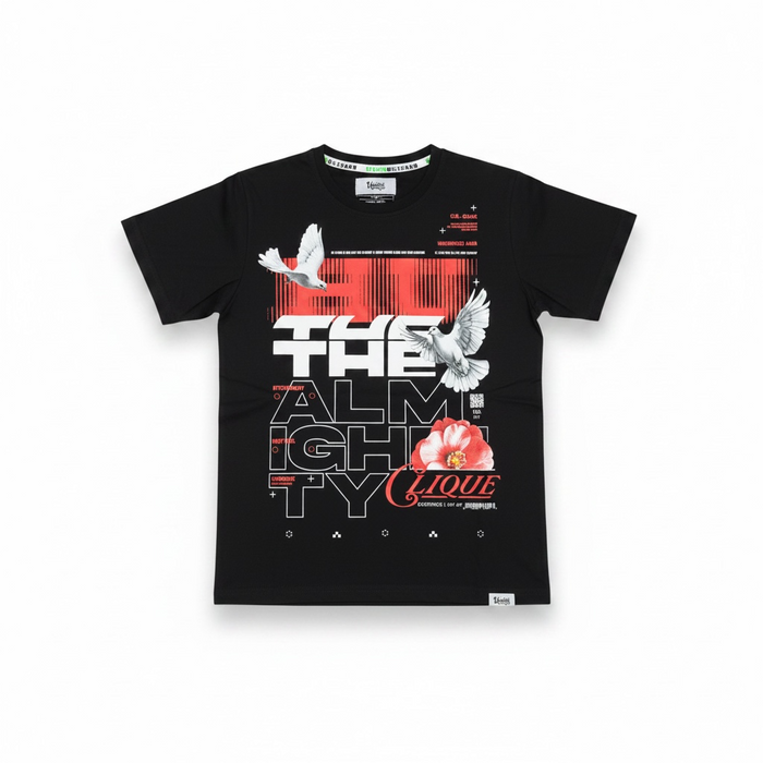 Black and red Highly Undrtd Kids "The Almighty" T-shirt for children, featuring bold graphic design on the front.