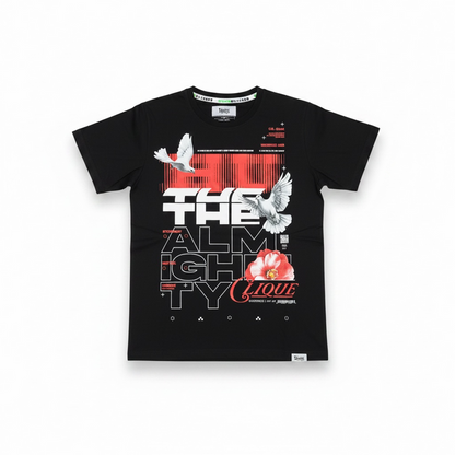 Black and red Highly Undrtd Kids "The Almighty" T-shirt for children, featuring bold graphic design on the front.