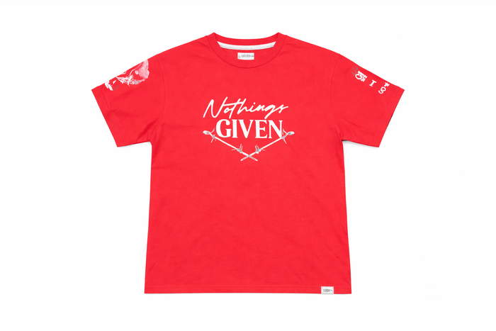 Red HIGHLY UNDRTD Nothing Given T-Shirt with graphic design, casual fit, and short sleeves, displayed flat on a white background.