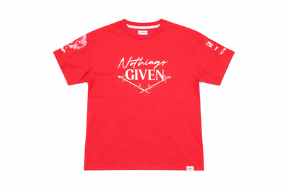 Red HIGHLY UNDRTD Nothing Given T-Shirt with graphic design, casual fit, and short sleeves, displayed flat on a white background.