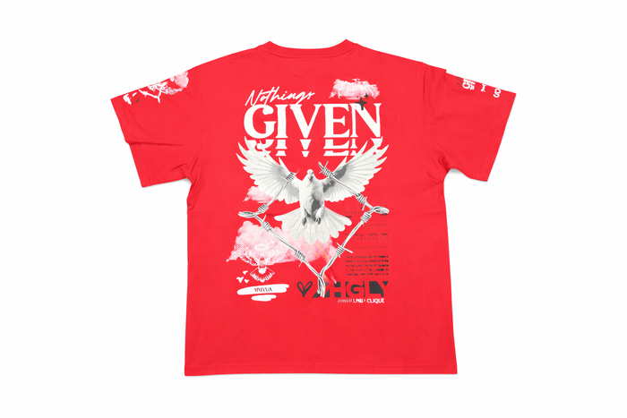 Red HIGHLY UNDRTD Nothing Given T-Shirt displayed on a flat surface with a casual fit and bold print.