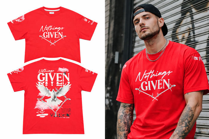 Red HIGHLY UNDRTD Nothing Given T-Shirt, casual fit with bold printed design, front view showing the graphic and fabric texture.