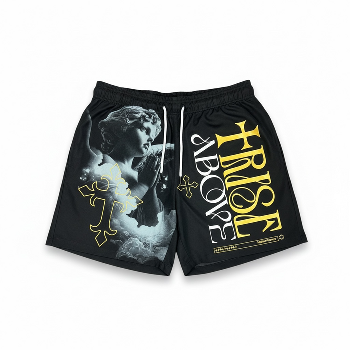 Black and gold Highly Undrtd 'Rise Above' shorts, casual athletic shorts with stylish design and comfortable fit.