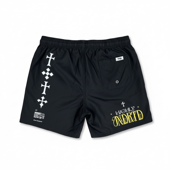 Black and gold Highly Undrtd 'Rise Above' shorts with logo detail, stylish athletic shorts for active wear.