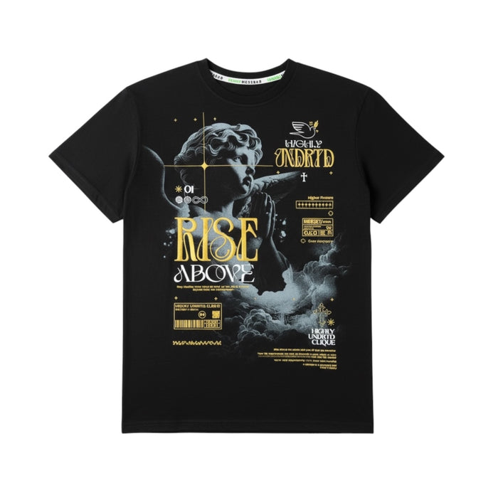 Black and gold HIGHLY UNDRTD "Rise Above" T-Shirt, casual fit, front graphic, stylish design, perfect for everyday wear.