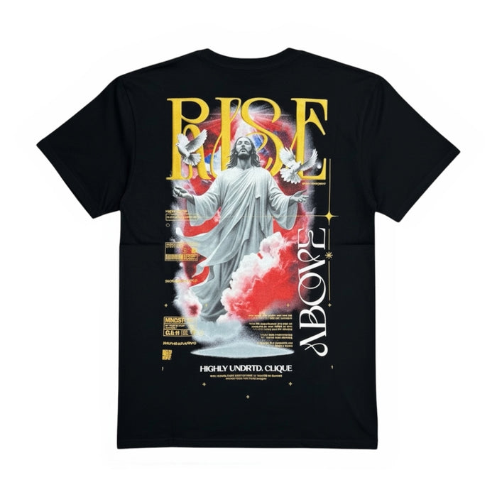 Black and gold "Rise Above" T-shirt by HIGHLY UNDRTD, featuring a stylish graphic design on the front.