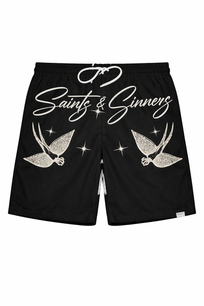 Black Highly Undrtd Saints & Sinners shorts, casual men's shorts with a relaxed fit and stylish design.