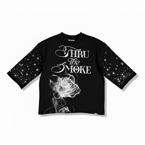 Black HIGHLY UNDRTD "Thru The Smoke" legacy perm cropped T-shirt with 3/4 sleeves and rhinestone details.