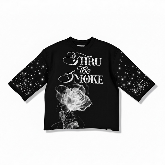 Black HIGHLY UNDRTD "Thru The Smoke" legacy perm cropped T-shirt with 3/4 sleeves and rhinestone details.