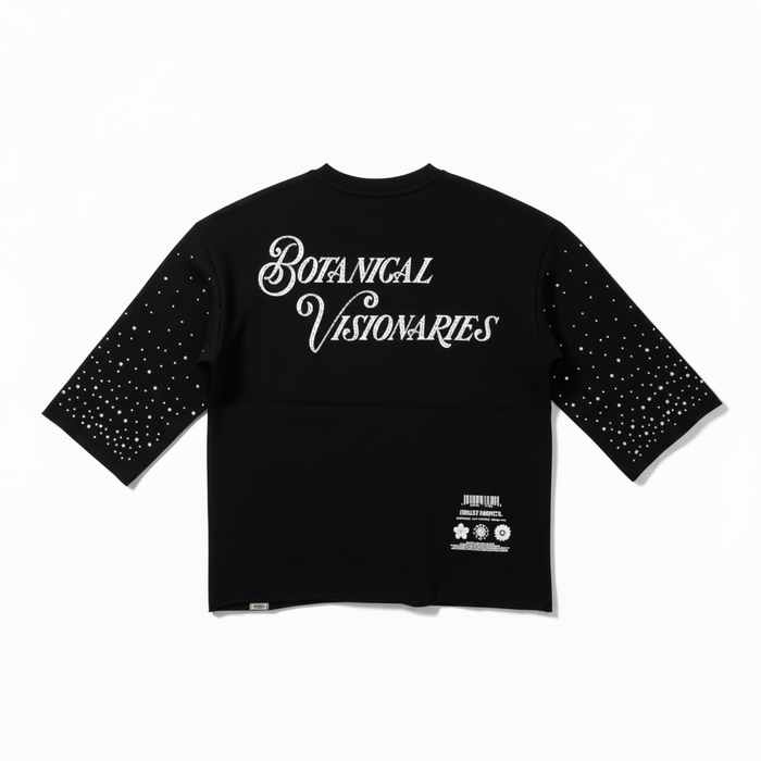 Black HIGHLY UNDRTD 'Thru The Smoke' legacy perm 3/4 sleeve rhinestone cropped T-shirt, showcasing rhinestone details and fitted style.