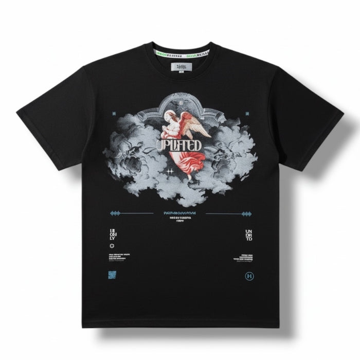 Black HIGHLY UNDRTD 'Up Lifted Experience' T-Shirt with logo print, shown flat on a white background.