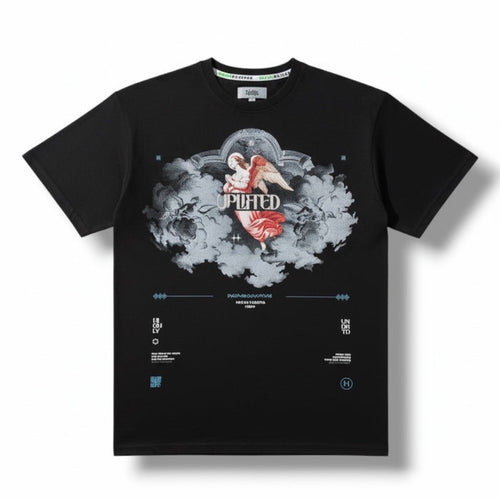 Black HIGHLY UNDRTD 'Up Lifted Experience' T-Shirt with logo print, shown flat on a white background.