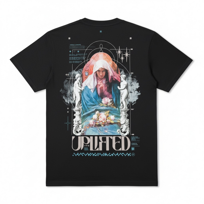 Black HIGHLY UNDRTD 'Up Lifted Experience' T-shirt displayed on a model, showcasing the stylish fit and comfortable fabric.